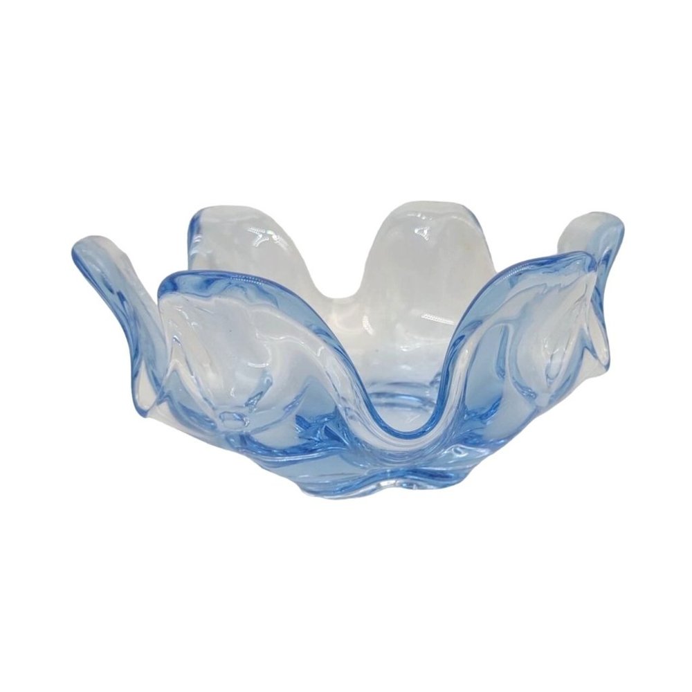 Tiffin-Franciscan Petal Glass Bowl Copen Blue Crimped 6.75 In Wide